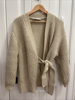Zara Beige Tie-Waist Chunky Knit Cardigan Oversized